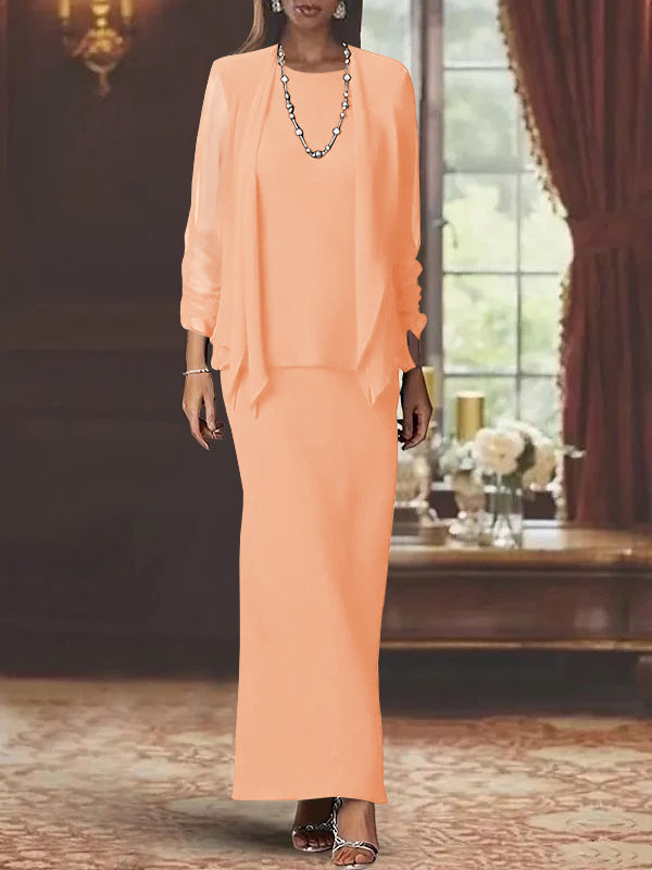 Long Scoop Neck Sheath Dress with Long Sleeves and Jacket for the Mother of the Bride