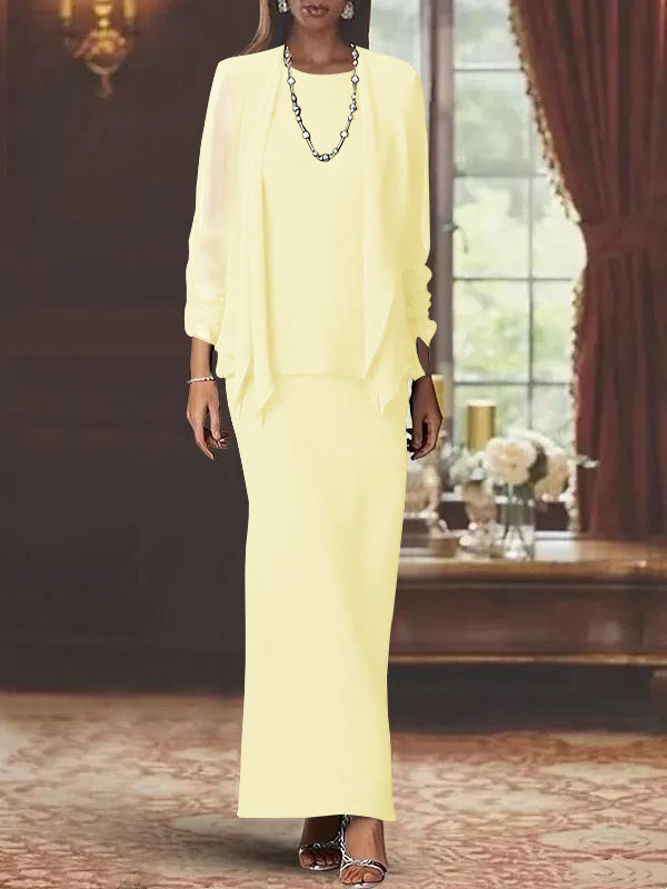 Long Scoop Neck Sheath Dress with Long Sleeves and Jacket for the Mother of the Bride