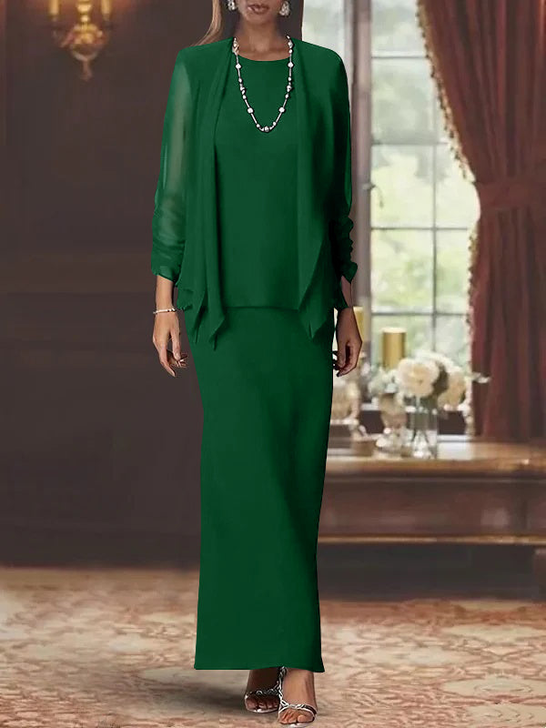Long Scoop Neck Sheath Dress with Long Sleeves and Jacket for the Mother of the Bride