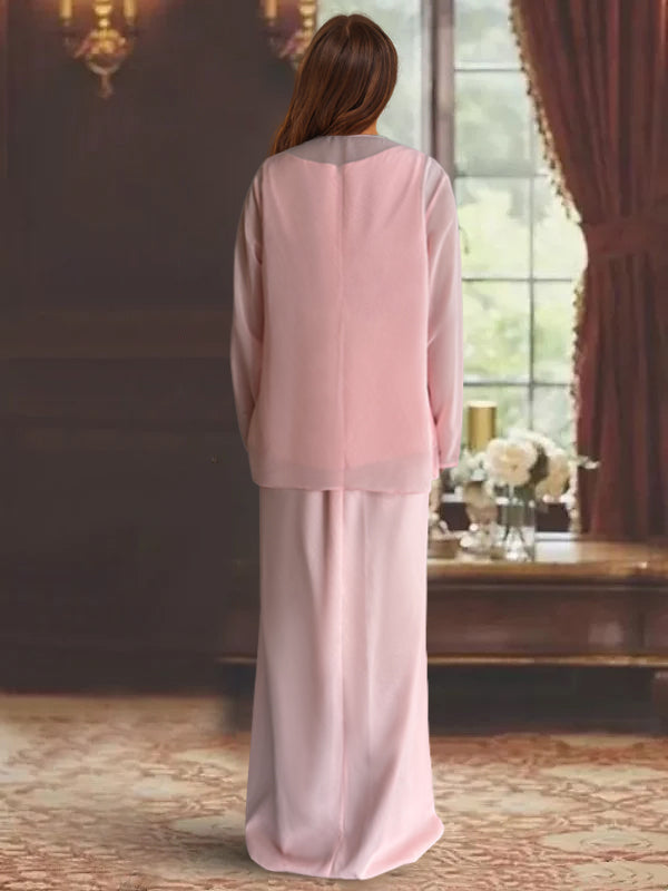 Long Scoop Neck Sheath Dress with Long Sleeves and Jacket for the Mother of the Bride