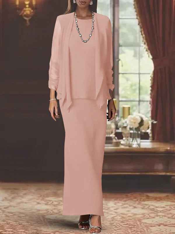 Long Scoop Neck Sheath Dress with Long Sleeves and Jacket for the Mother of the Bride