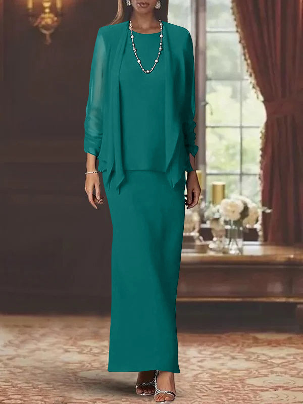 Long Scoop Neck Sheath Dress with Long Sleeves and Jacket for the Mother of the Bride