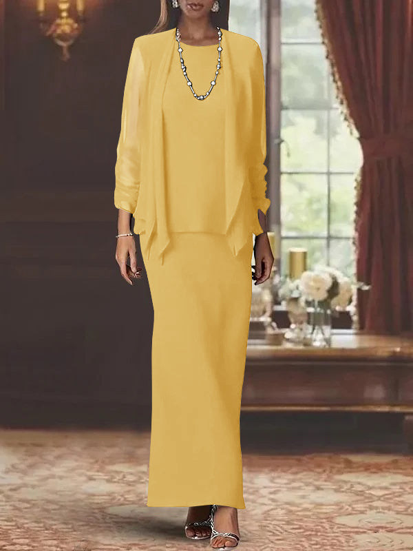 Long Scoop Neck Sheath Dress with Long Sleeves and Jacket for the Mother of the Bride
