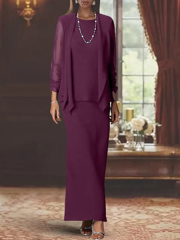 Long Scoop Neck Sheath Dress with Long Sleeves and Jacket for the Mother of the Bride