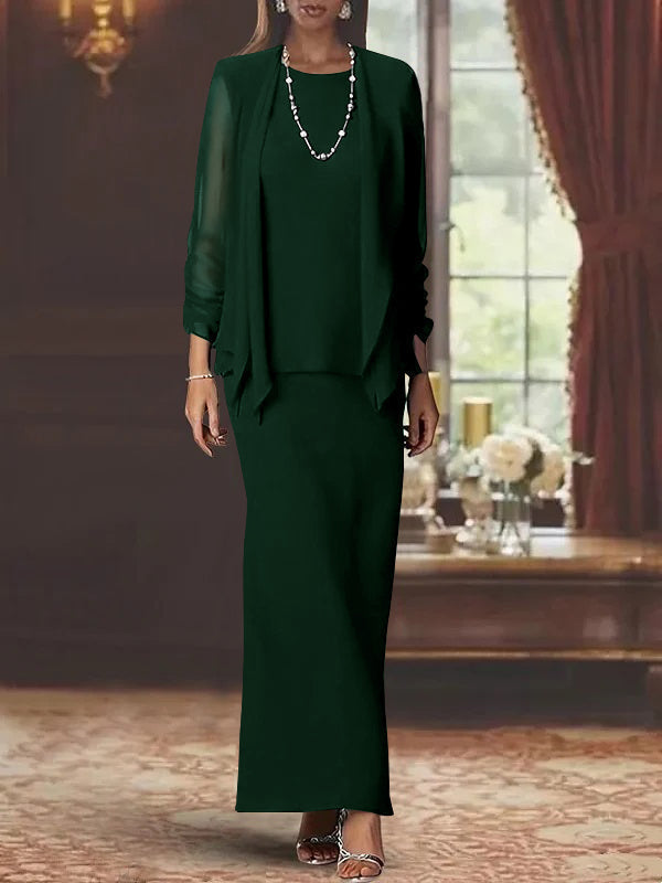 Long Scoop Neck Sheath Dress with Long Sleeves and Jacket for the Mother of the Bride