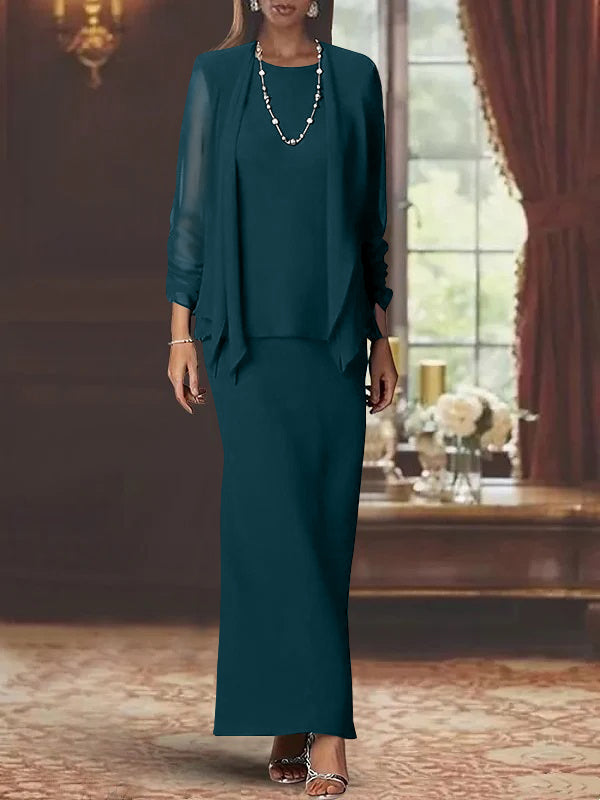 Long Scoop Neck Sheath Dress with Long Sleeves and Jacket for the Mother of the Bride