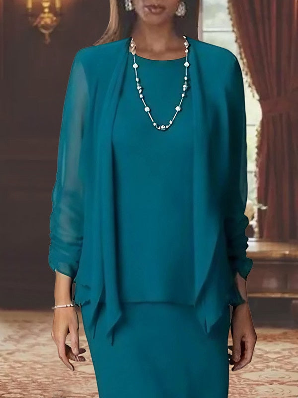 Long Scoop Neck Sheath Dress with Long Sleeves and Jacket for the Mother of the Bride