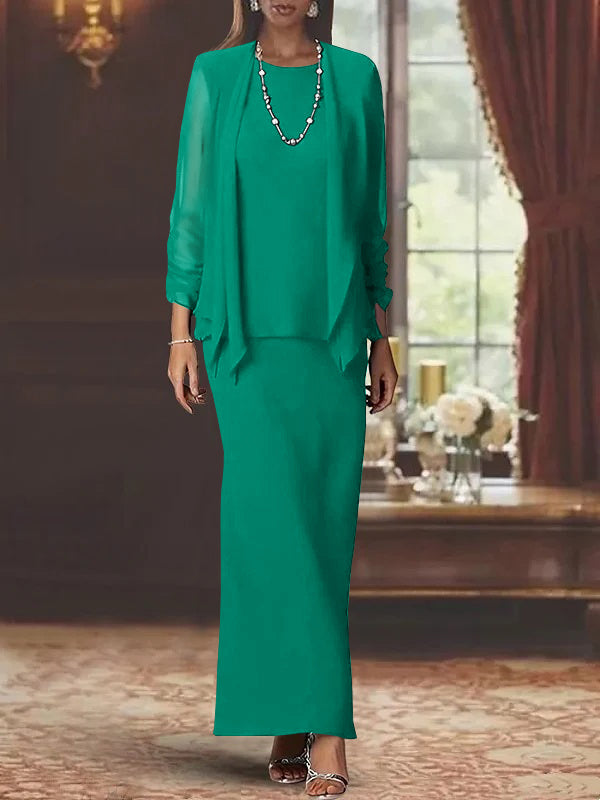 Long Scoop Neck Sheath Dress with Long Sleeves and Jacket for the Mother of the Bride