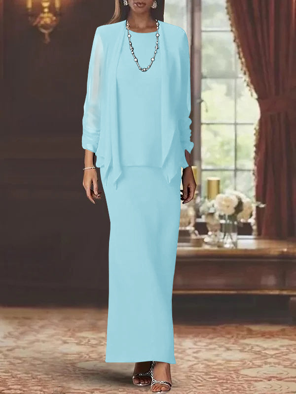 Long Scoop Neck Sheath Dress with Long Sleeves and Jacket for the Mother of the Bride
