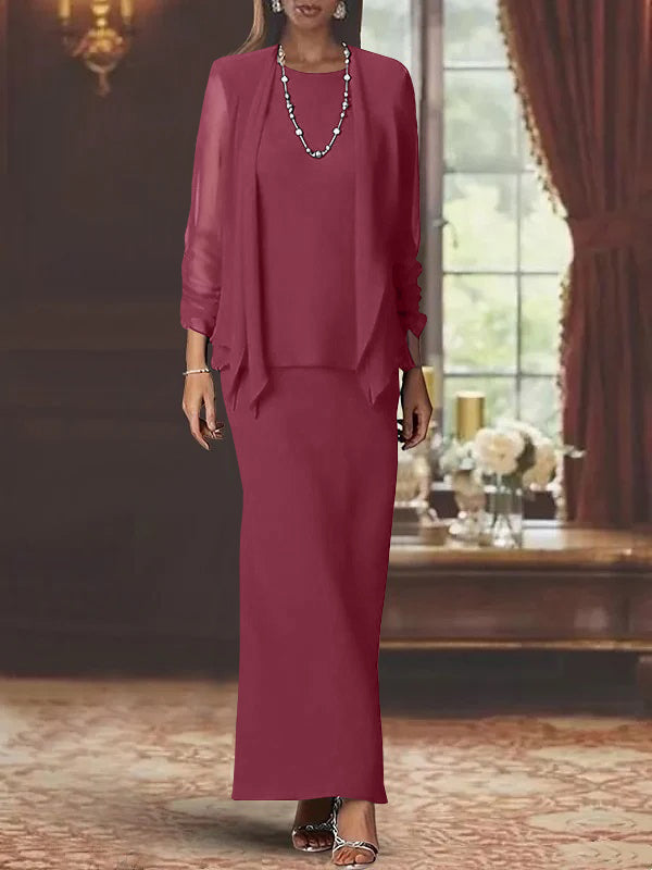Long Scoop Neck Sheath Dress with Long Sleeves and Jacket for the Mother of the Bride