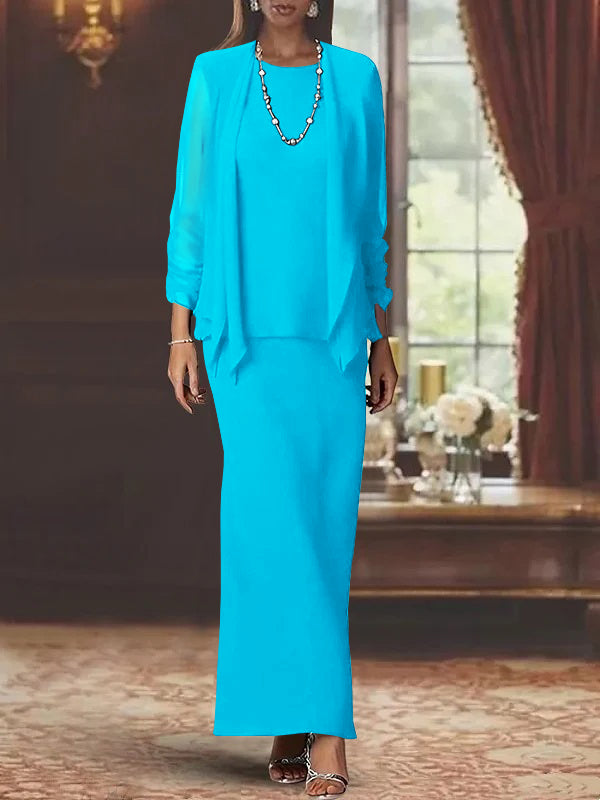 Long Scoop Neck Sheath Dress with Long Sleeves and Jacket for the Mother of the Bride