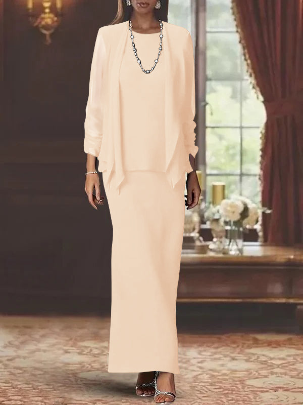 Long Scoop Neck Sheath Dress with Long Sleeves and Jacket for the Mother of the Bride