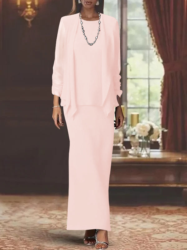 Long Scoop Neck Sheath Dress with Long Sleeves and Jacket for the Mother of the Bride