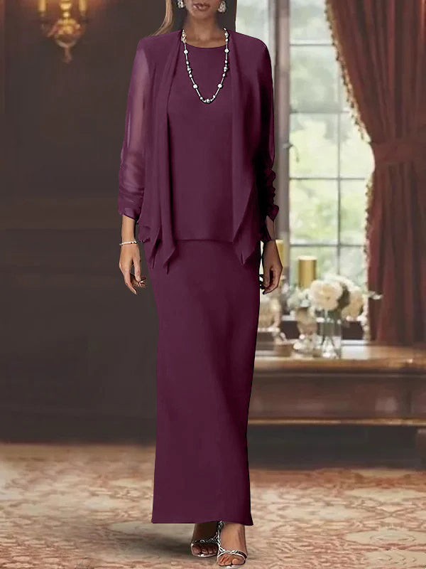 Long Scoop Neck Sheath Dress with Long Sleeves and Jacket for the Mother of the Bride