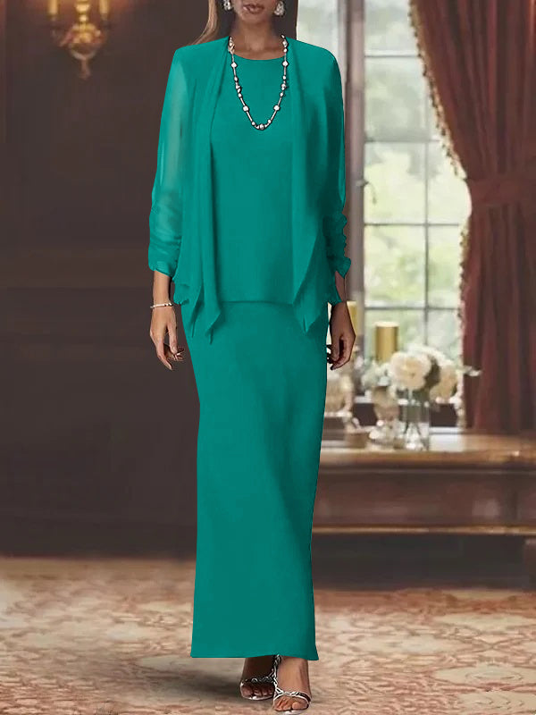 Long Scoop Neck Sheath Dress with Long Sleeves and Jacket for the Mother of the Bride