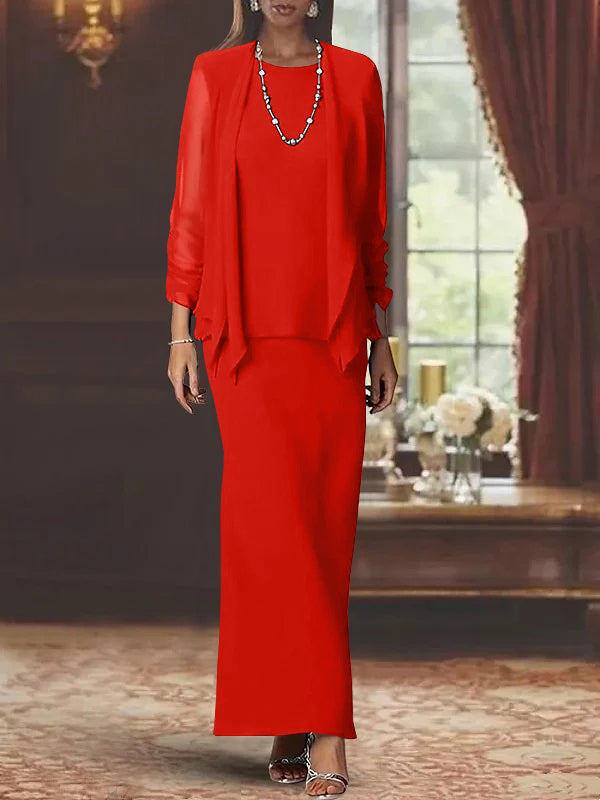 Long Scoop Neck Sheath Dress with Long Sleeves and Jacket for the Mother of the Bride