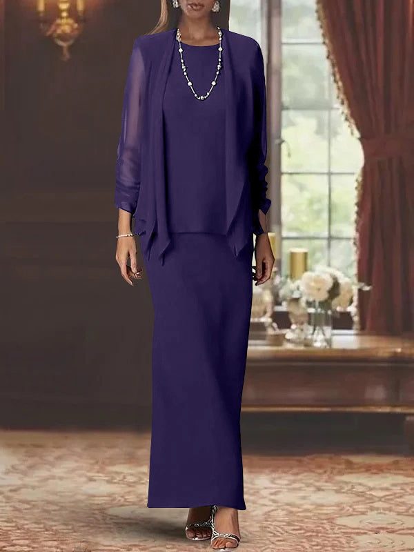 Long Scoop Neck Sheath Dress with Long Sleeves and Jacket for the Mother of the Bride