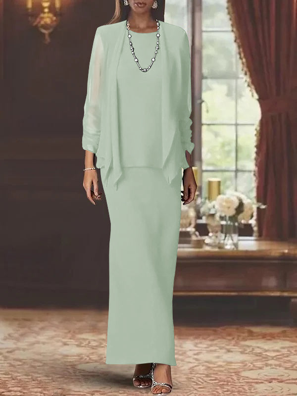 Long Scoop Neck Sheath Dress with Long Sleeves and Jacket for the Mother of the Bride