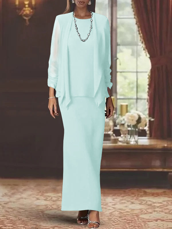 Long Scoop Neck Sheath Dress with Long Sleeves and Jacket for the Mother of the Bride
