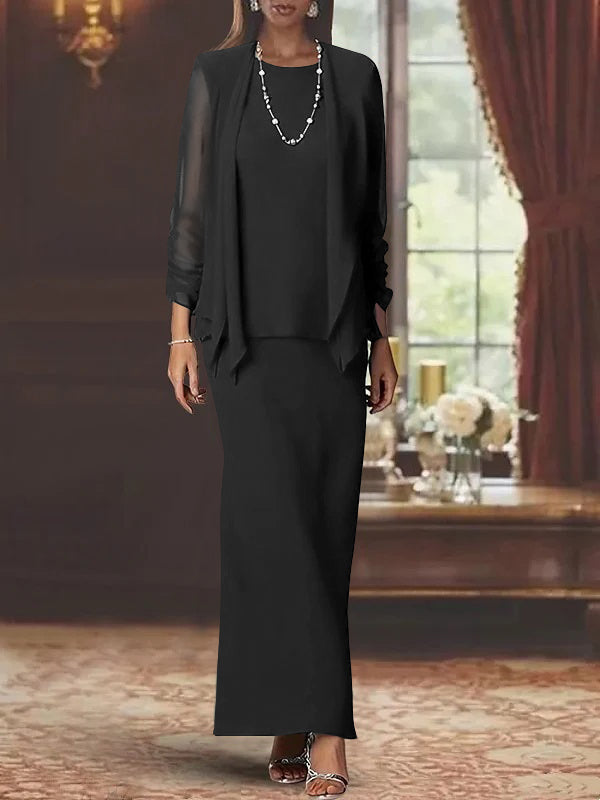 Long Scoop Neck Sheath Dress with Long Sleeves and Jacket for the Mother of the Bride