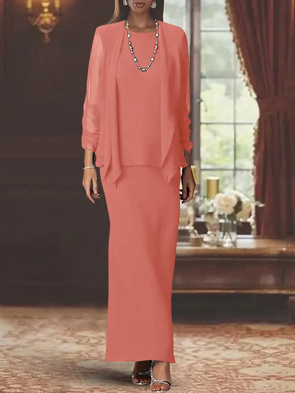 Long Scoop Neck Sheath Dress with Long Sleeves and Jacket for the Mother of the Bride