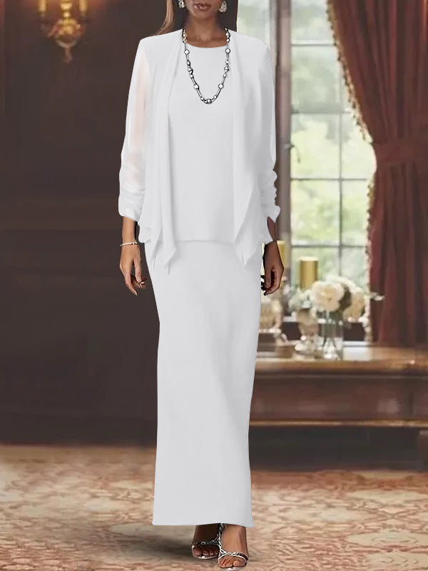 Long Scoop Neck Sheath Dress with Long Sleeves and Jacket for the Mother of the Bride
