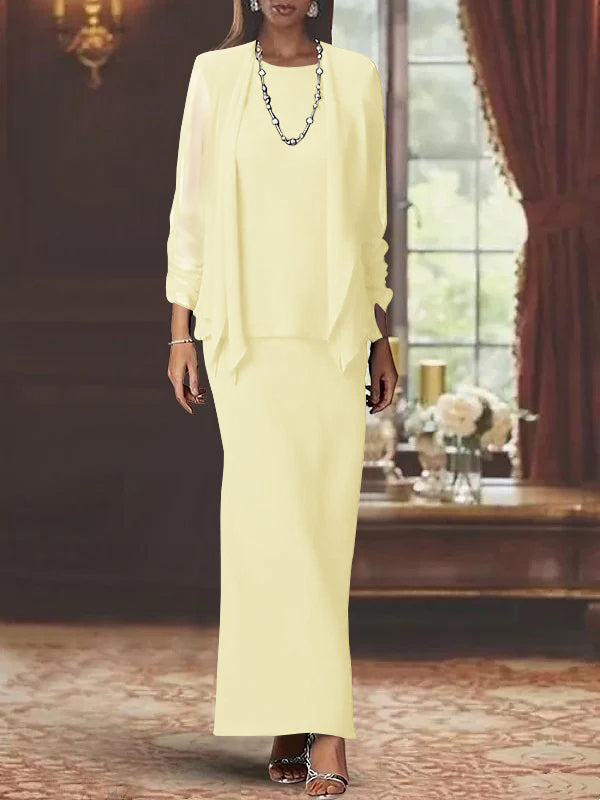 Long Scoop Neck Sheath Dress with Long Sleeves and Jacket for the Mother of the Bride