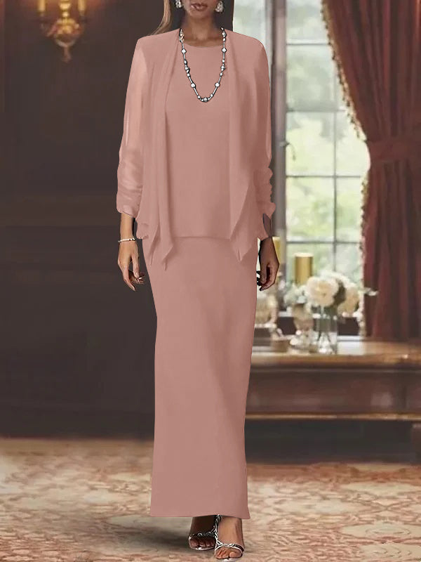 Long Scoop Neck Sheath Dress with Long Sleeves and Jacket for the Mother of the Bride