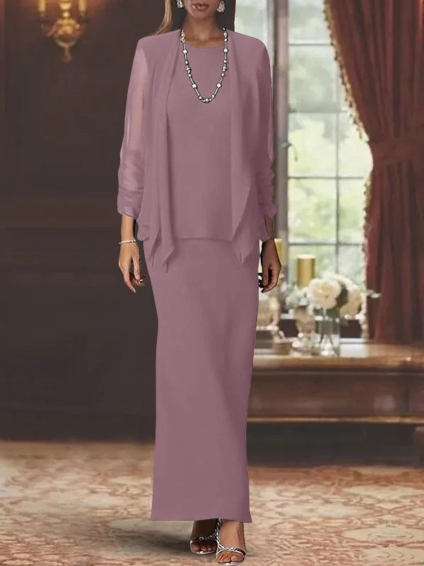 Long Scoop Neck Sheath Dress with Long Sleeves and Jacket for the Mother of the Bride