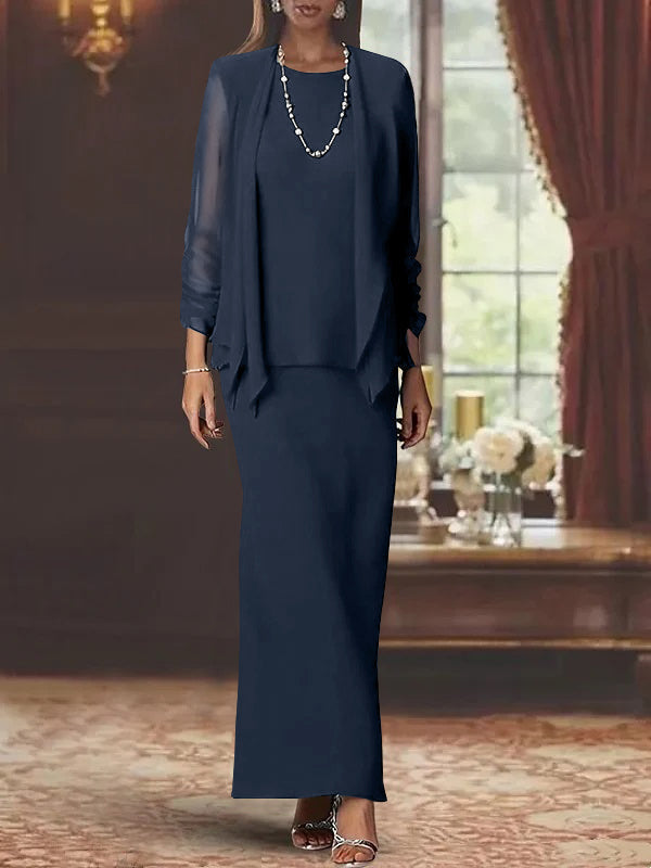 Long Scoop Neck Sheath Dress with Long Sleeves and Jacket for the Mother of the Bride