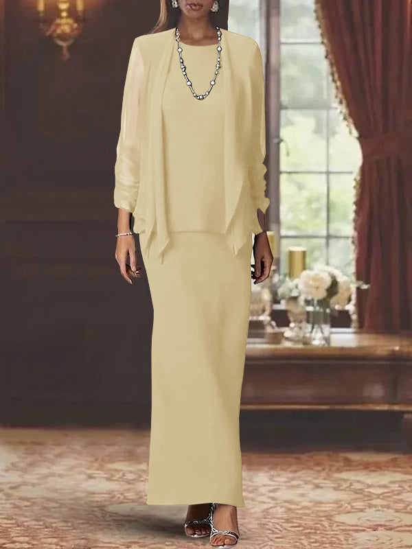 Long Scoop Neck Sheath Dress with Long Sleeves and Jacket for the Mother of the Bride