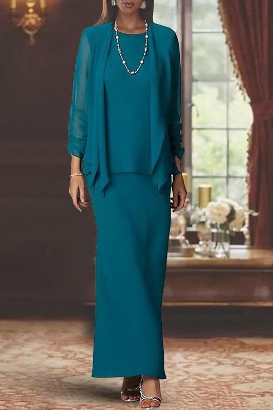 Long Scoop Neck Sheath Dress with Long Sleeves and Jacket for the Mother of the Bride