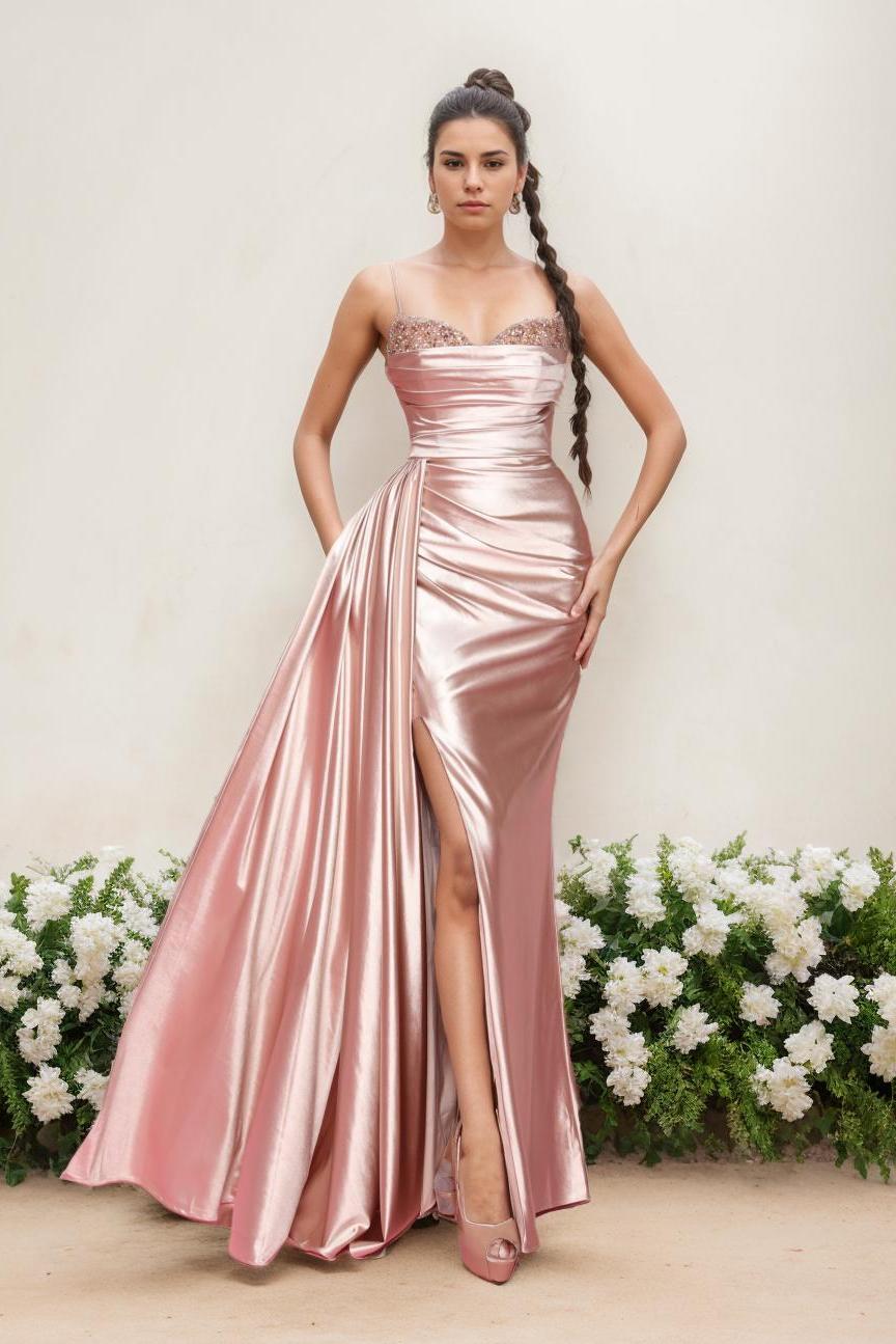 Long Sleeveless Mother of the Bride Dress with Spaghetti Straps and Side Split