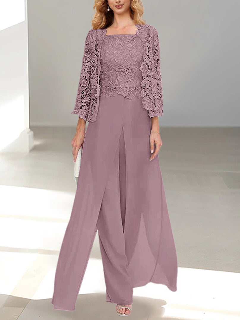 Long Square Neck Chiffon Mother of the Bride Pantsuit with Jacket & Side Split