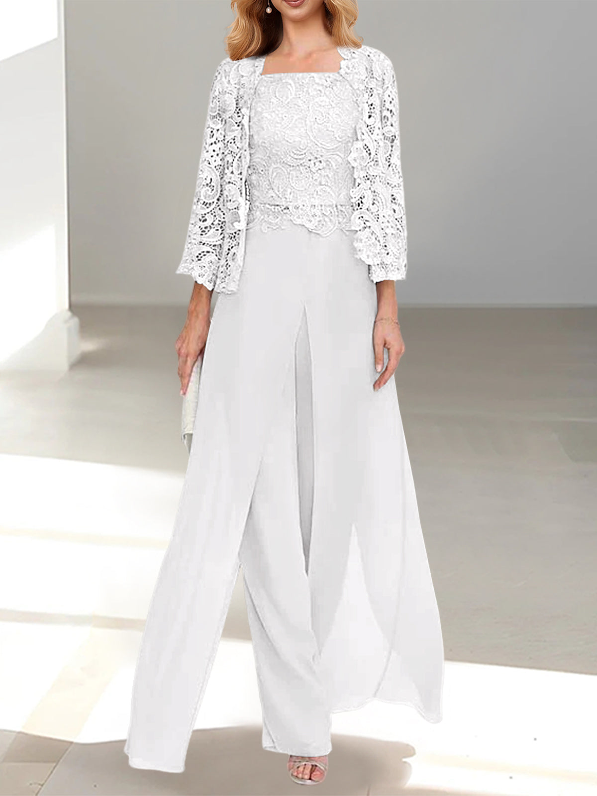 Long Square Neck Chiffon Mother of the Bride Pantsuit with Jacket & Side Split