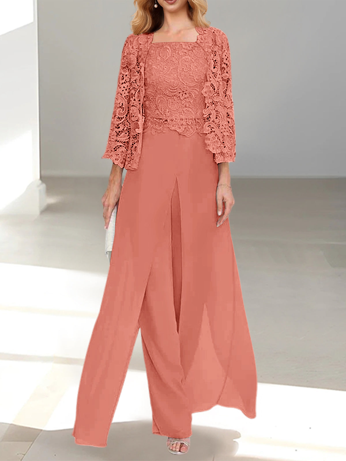 Long Square Neck Chiffon Mother of the Bride Pantsuit with Jacket & Side Split