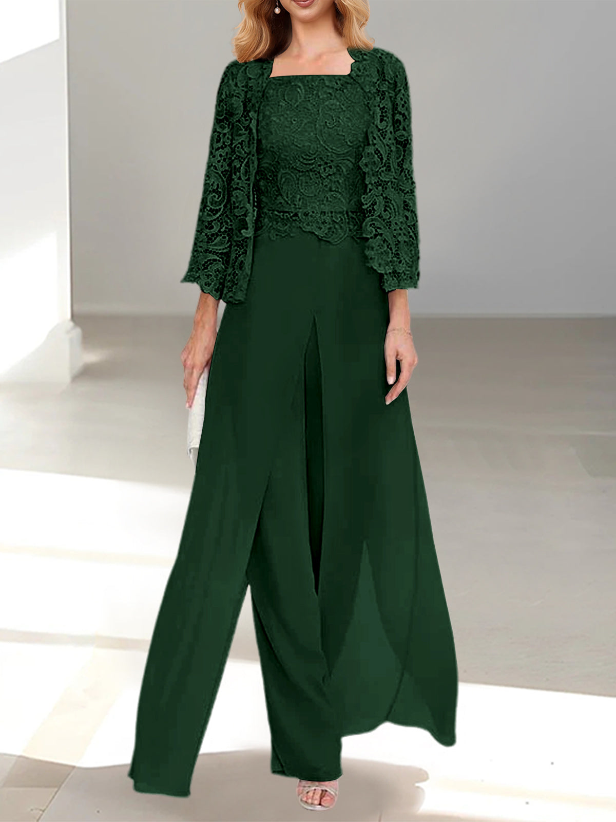 Long Square Neck Chiffon Mother of the Bride Pantsuit with Jacket & Side Split