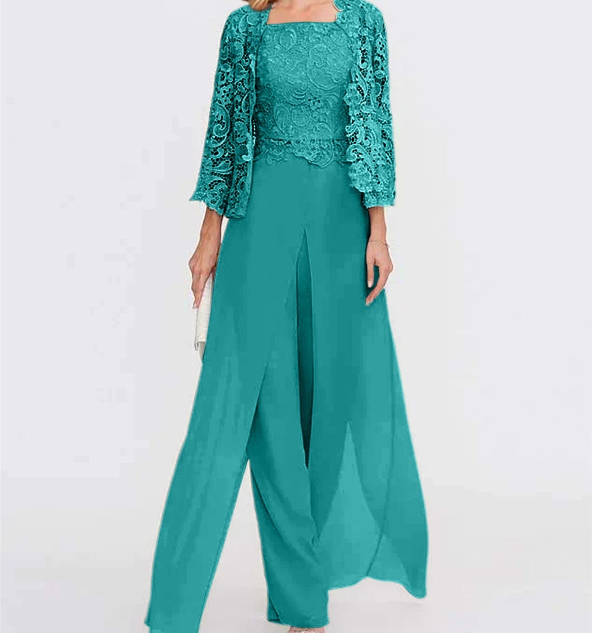 Long Square Neck Chiffon Mother of the Bride Pantsuit with Jacket & Side Split