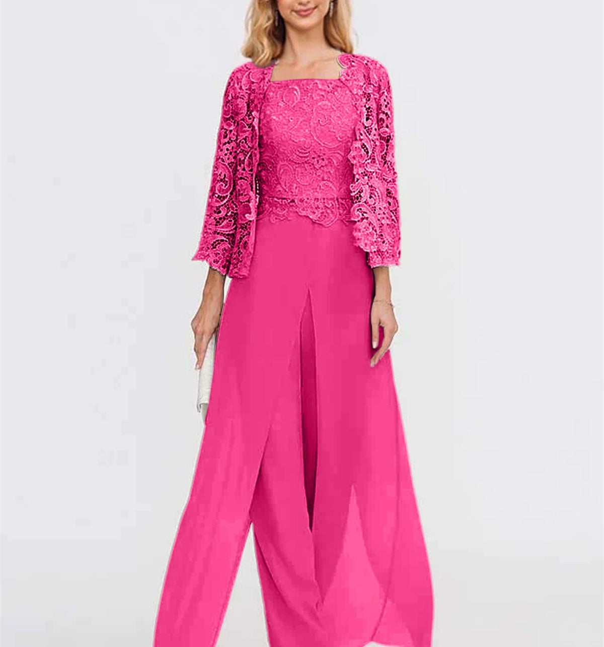 Long Square Neck Chiffon Mother of the Bride Pantsuit with Jacket & Side Split
