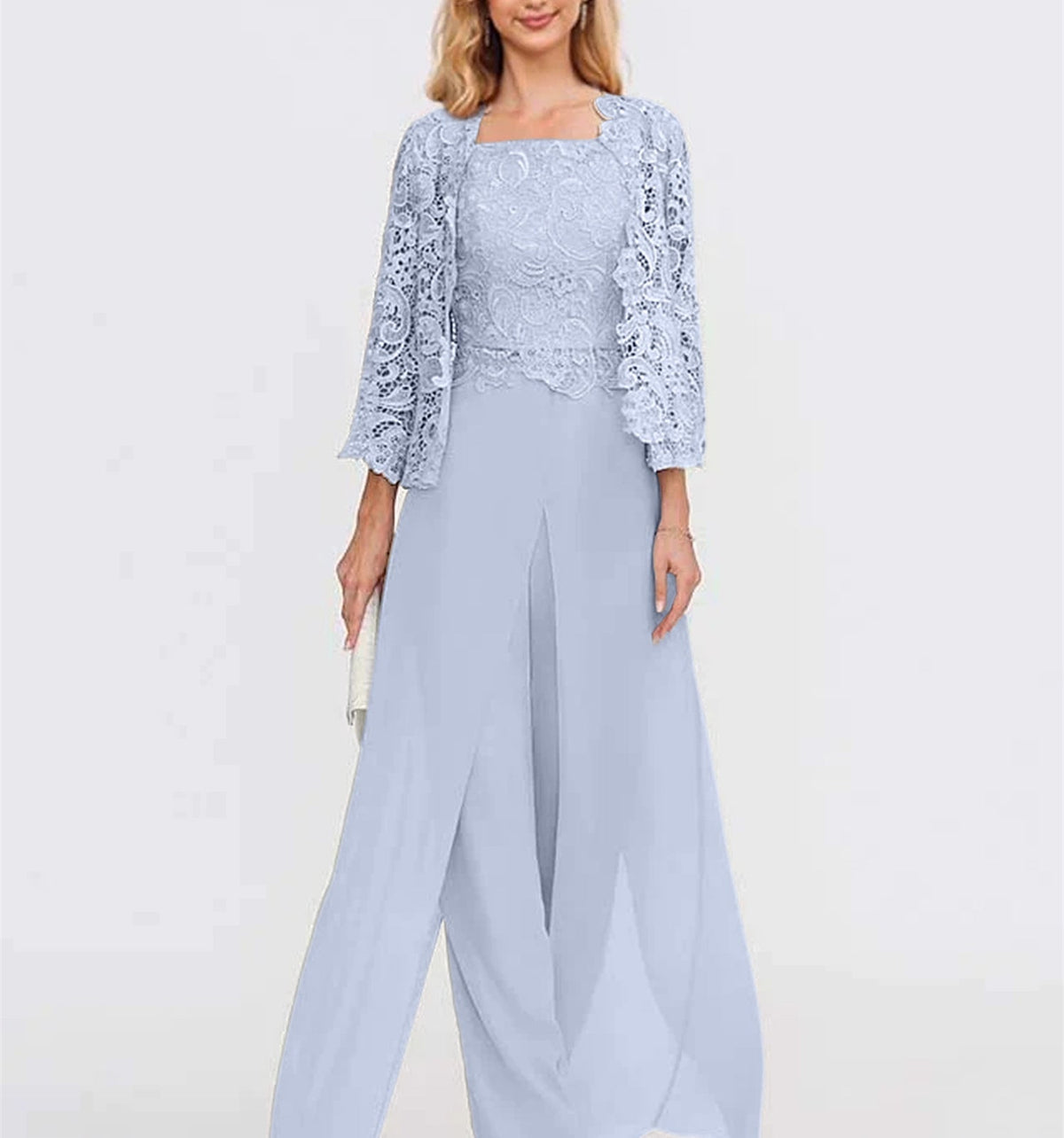 Long Square Neck Chiffon Mother of the Bride Pantsuit with Jacket & Side Split