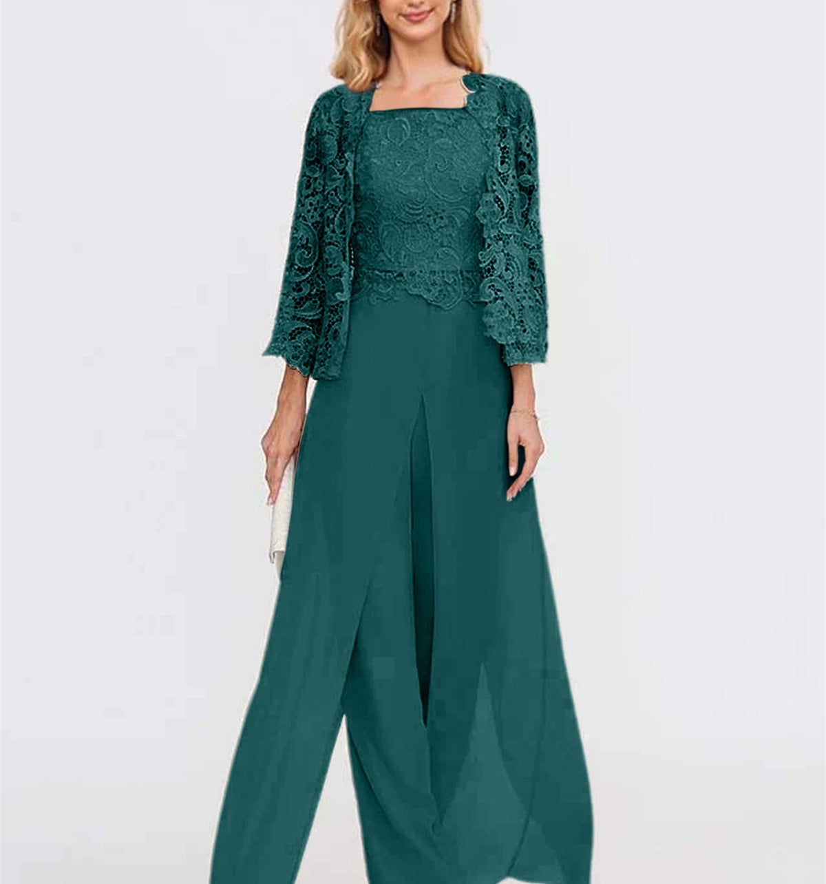 Long Square Neck Chiffon Mother of the Bride Pantsuit with Jacket & Side Split