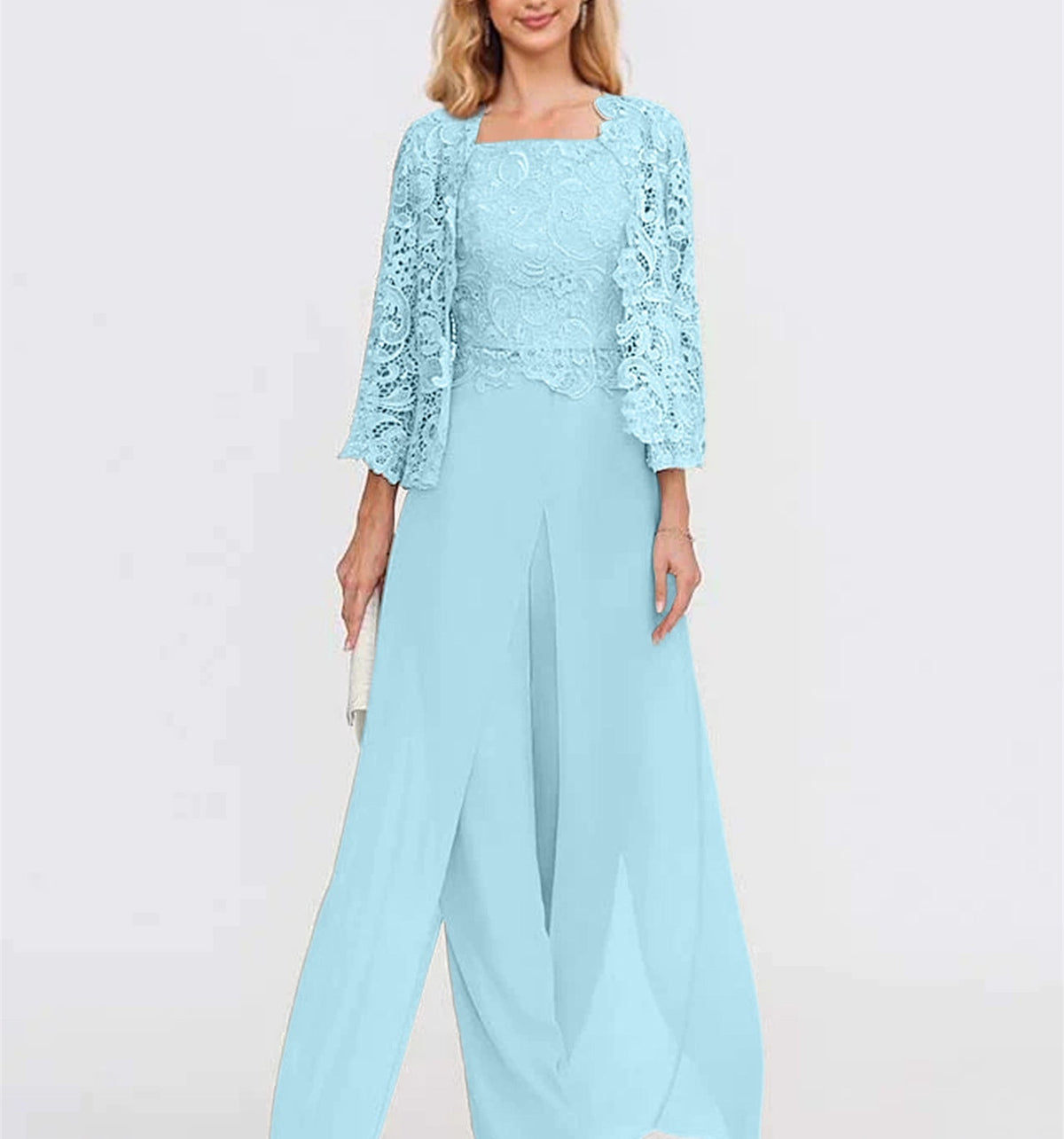 Long Square Neck Chiffon Mother of the Bride Pantsuit with Jacket & Side Split
