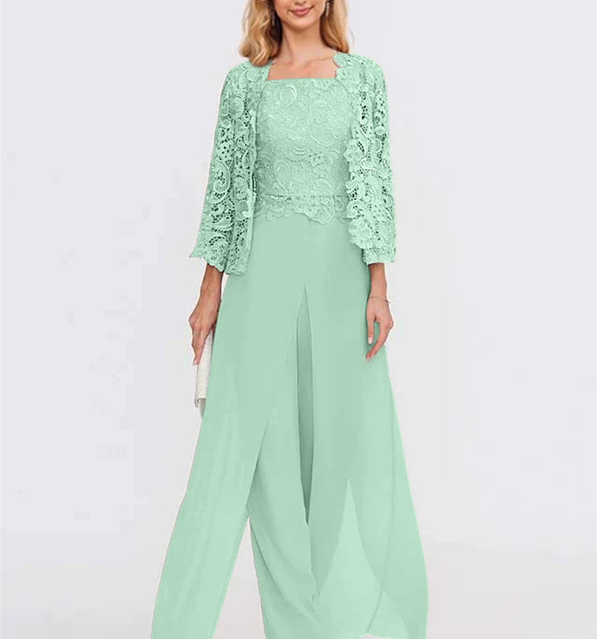 Long Square Neck Chiffon Mother of the Bride Pantsuit with Jacket & Side Split