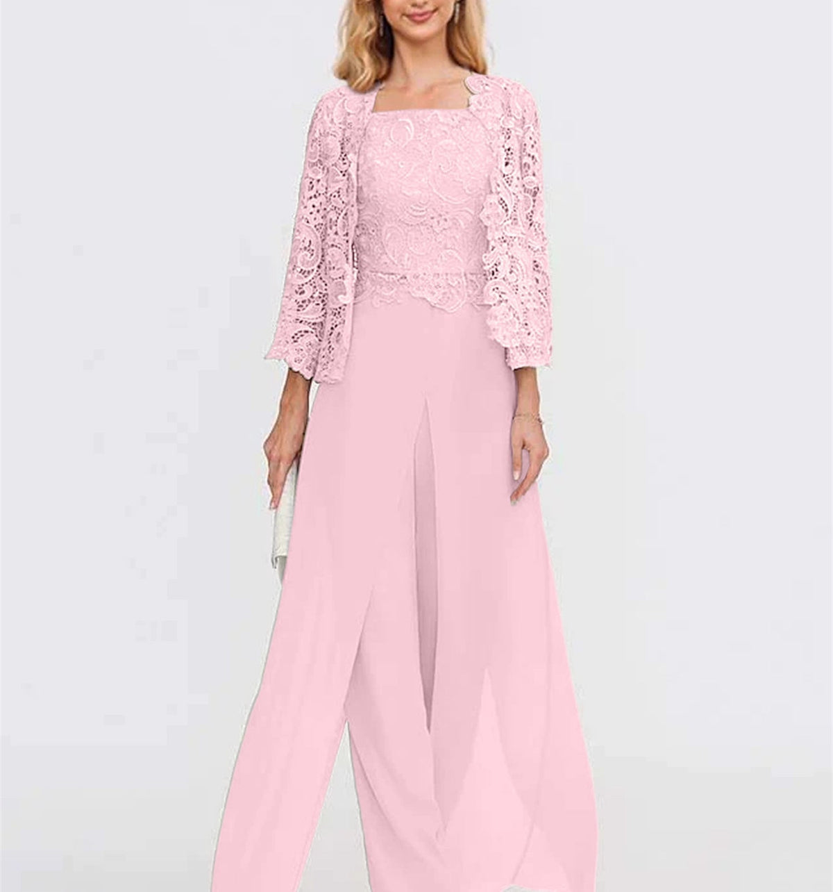 Long Square Neck Chiffon Mother of the Bride Pantsuit with Jacket & Side Split