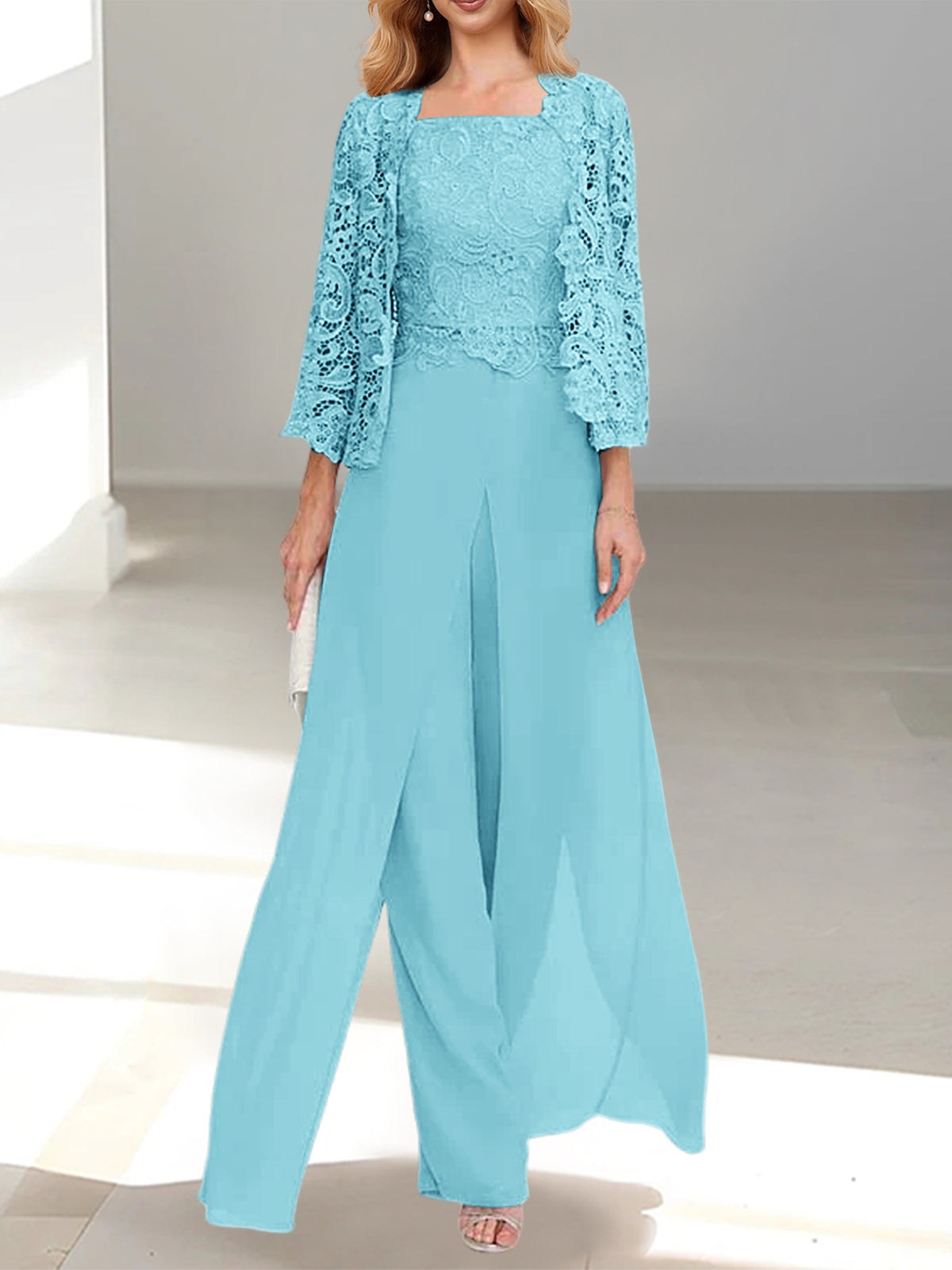 Long Square Neck Chiffon Mother of the Bride Pantsuit with Jacket & Side Split