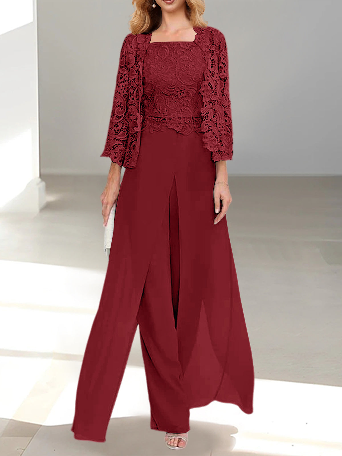 Long Square Neck Chiffon Mother of the Bride Pantsuit with Jacket & Side Split