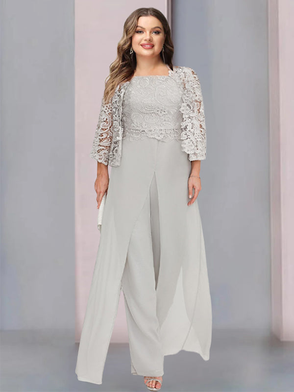 Long Square Neck Chiffon Mother of the Bride Pantsuit with Jacket & Side Split