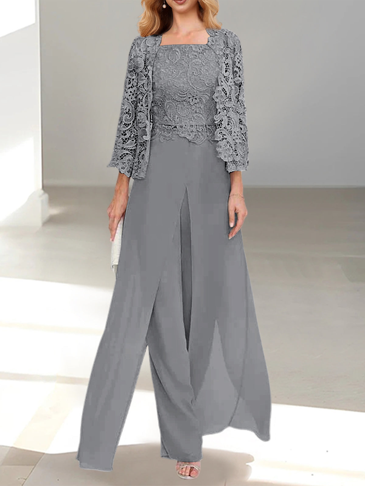 Long Square Neck Chiffon Mother of the Bride Pantsuit with Jacket & Side Split