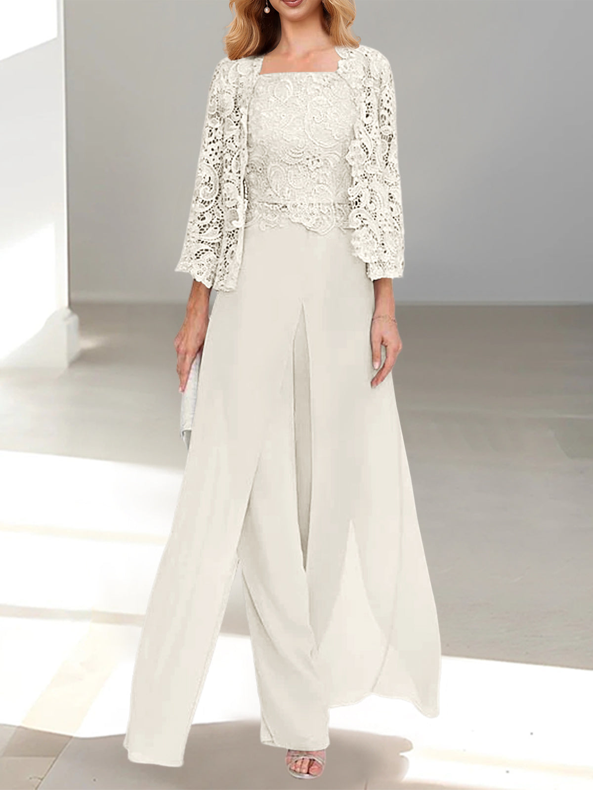 Long Square Neck Chiffon Mother of the Bride Pantsuit with Jacket & Side Split