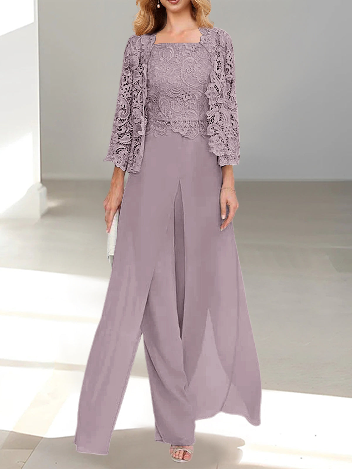Long Square Neck Chiffon Mother of the Bride Pantsuit with Jacket & Side Split